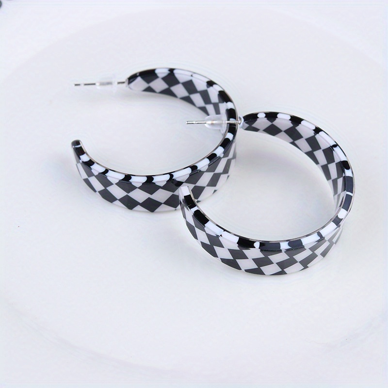 Vintage Boho Checkerboard C Hoop Earrings Stainless Steel Acrylic Posts